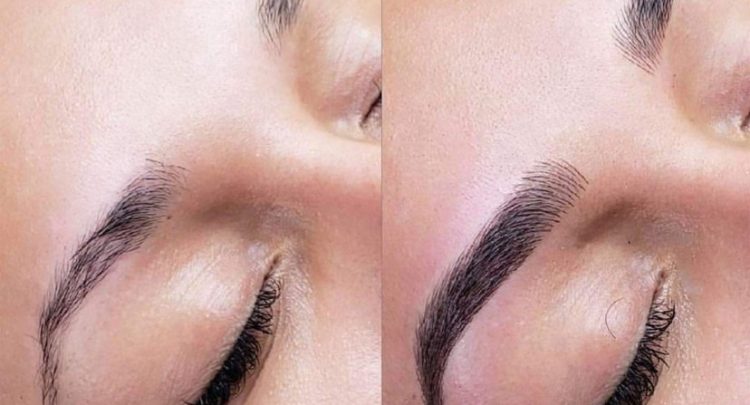 A woman with her eyes closed and the brows are drawn.