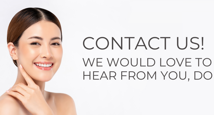 A woman with a smile on her face and the words contact us.