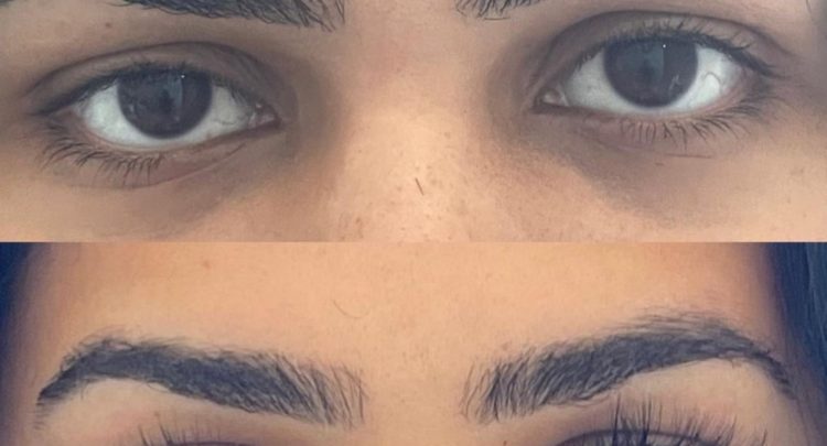 A before and after picture of the eyes of two women.